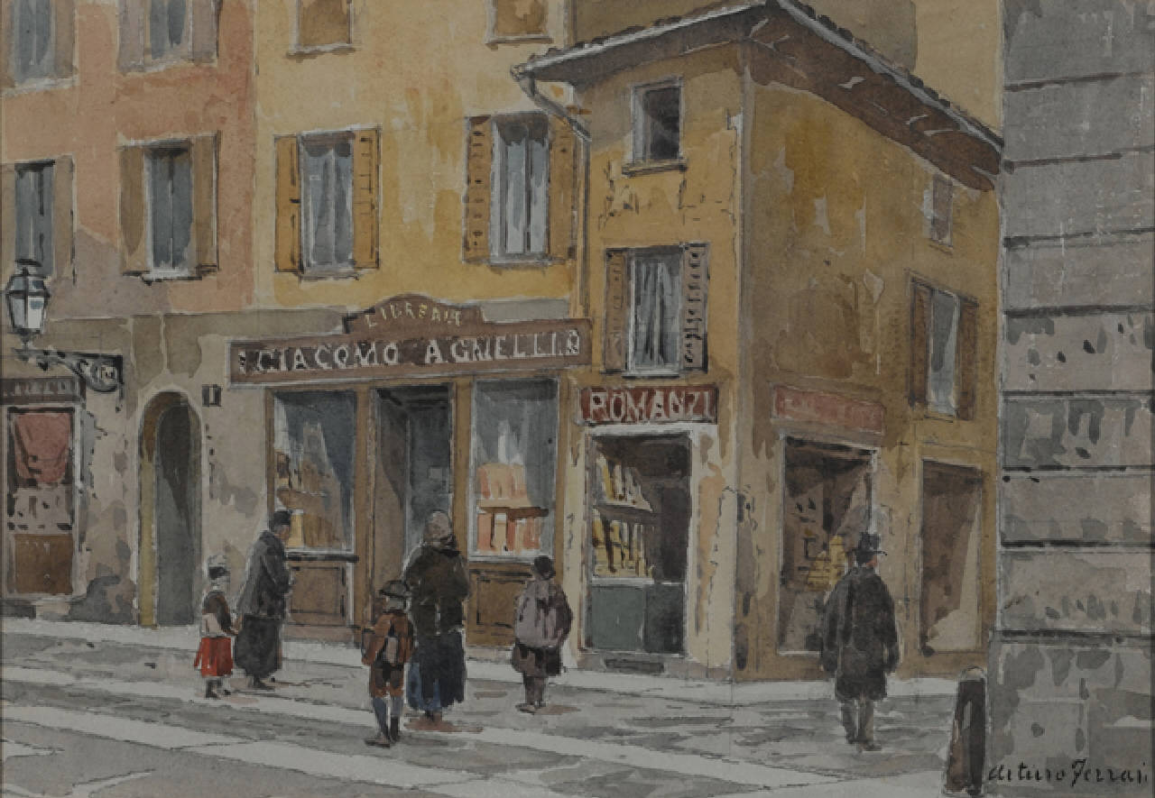 L'antica libreria Agnelli, L'antica libreria Agnelli in via S. Margherita a Milano (dipinto) di Ferrari Arturo (fine/inizio secc. XIX/ XX)