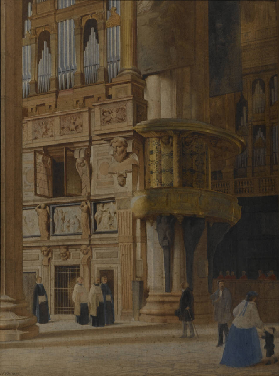 Interno del Duomo, Interno del Duomo di Milano, pulpito e organo visti dal transetto sinistro (dipinto) di Caironi Agostino (sec. XIX)