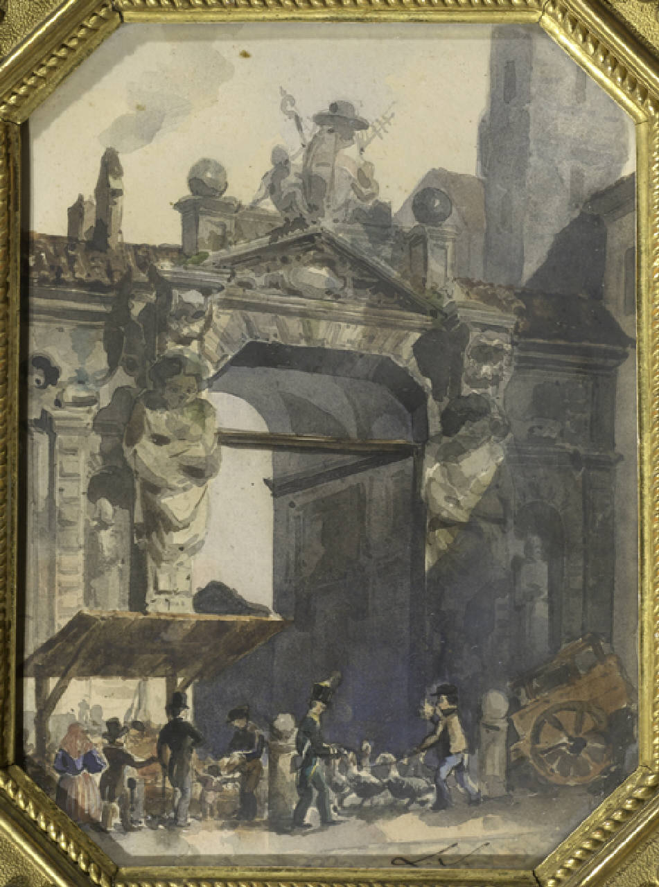 Porta del Seminario, L'ingresso del Seminario Maggiore in Corso Venezia a Milano, intorno al 1850 (dipinto) di S L (sec. XIX)