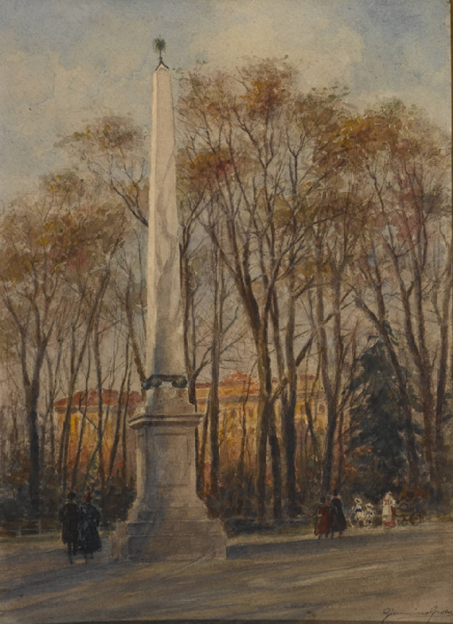 I Boschetti - L'obelisco, I Boschetti con l'obelisco a Milano nel 1916 (dipinto) di Grossi Giannino (sec. XX)