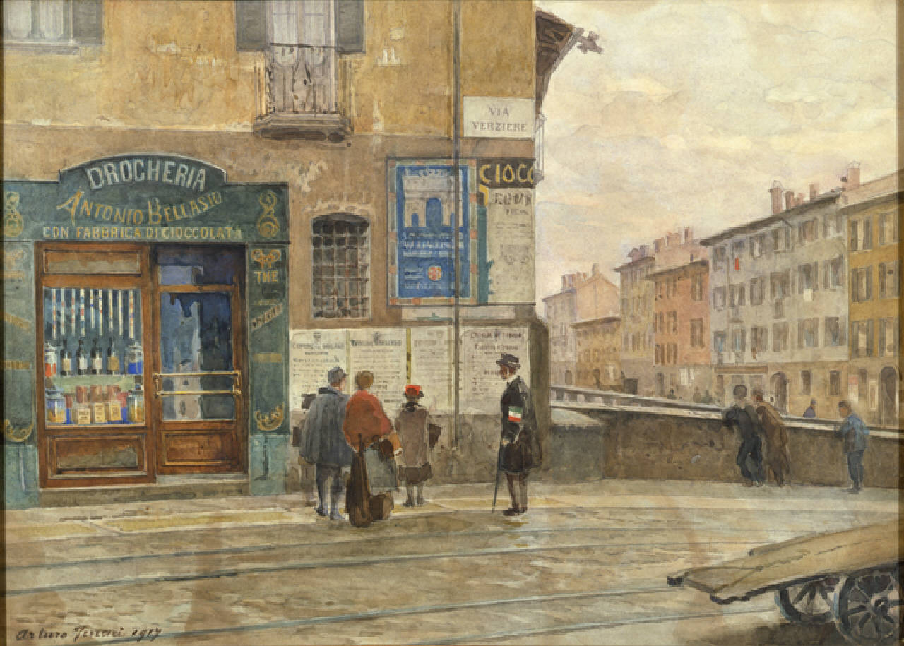 Ponte di Porta Vittoria, Il Ponte di Porta Vittoria a Milano con vetrina di drogheria, nel 1917 (dipinto) di Ferrari Arturo (sec. XX)