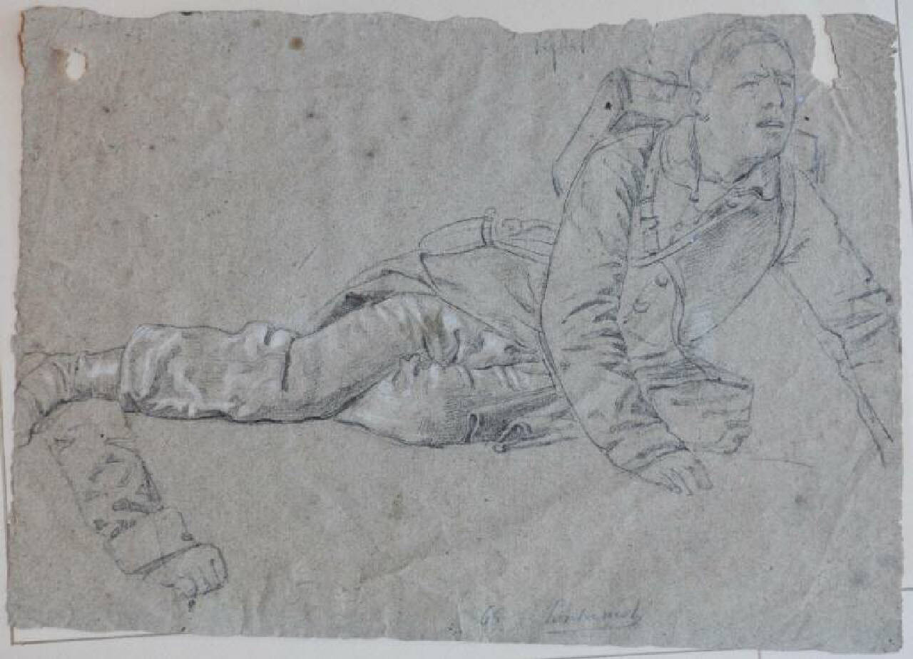 Soldato italiano ferito, Fante italiano ferito accasciato (disegno) di Pontremoli Raffaello (seconda metà sec. XIX)