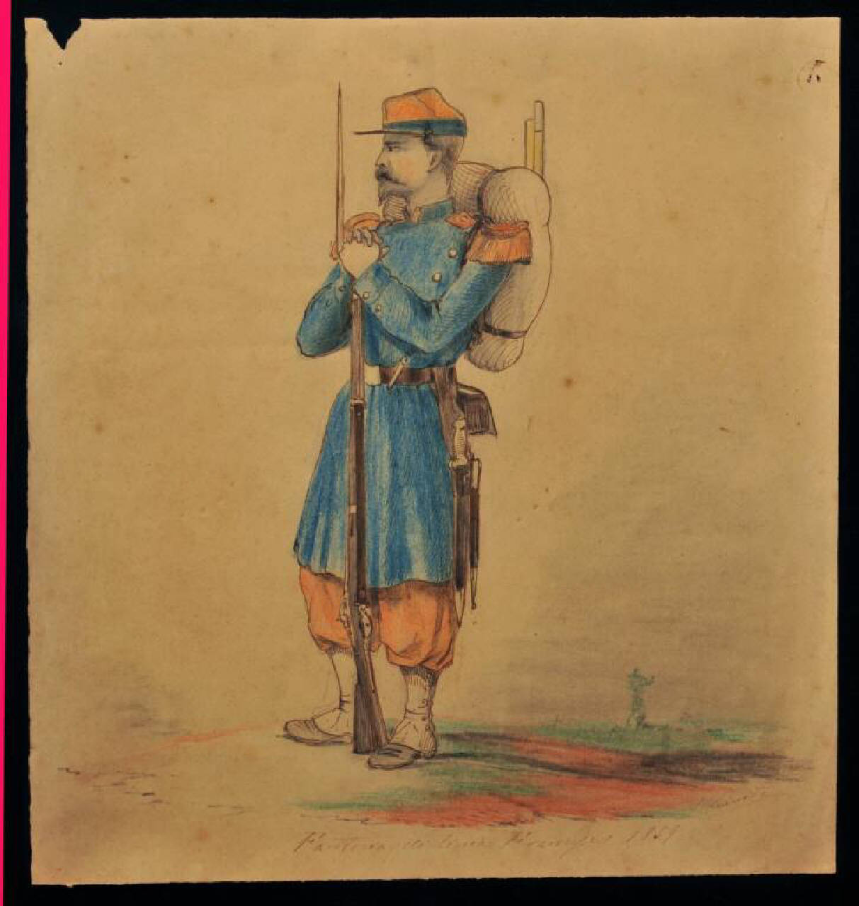 Fanteria di linea francese, Un fante francese appoggiato alla baionetta (disegno) - ambito italiano (seconda metà sec. XIX)