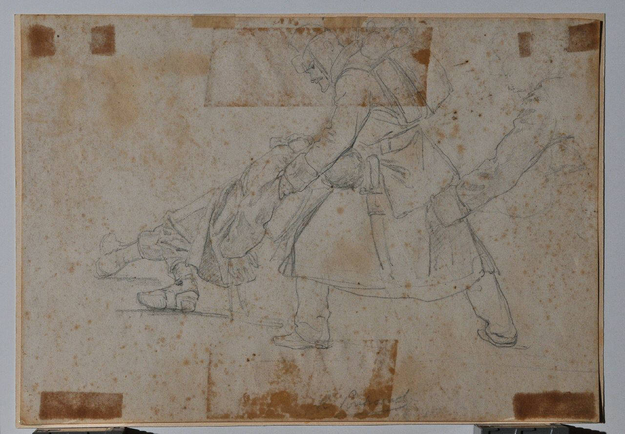 Trasporto di un soldato ferito (disegno) di Pontremoli Raffaele (sec. XIX)