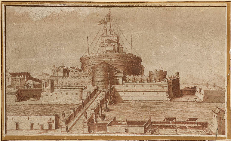 Veduta di Castel Sant'Angelo e del Ponte degli Angeli a Roma (dipinto murale) - ambito lombardo (sec. XVI)