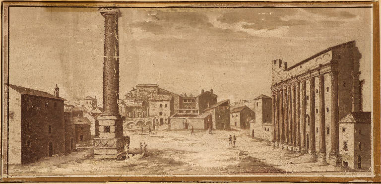 Veduta della Colonna di Marco Aurelio a Roma (dipinto murale) - ambito lombardo (sec. XVI)