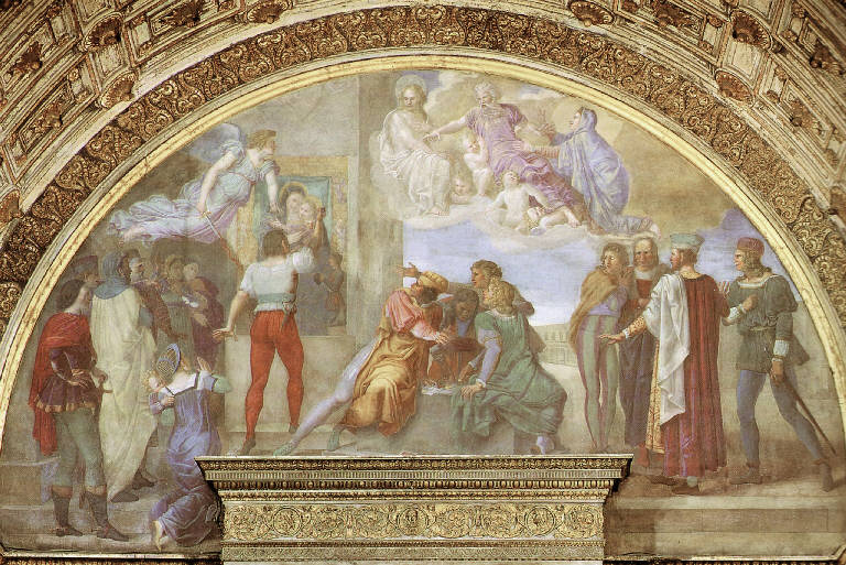 Decorazione plastico pittorica del finto coro, Miracolo della Beata Vergine pugnalata da Massanzio (dipinto) di Comerio, Agostino (primo quarto sec. XIX)