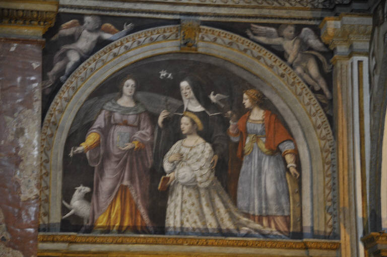 Ippolita Sforza Bentivoglio tra santa Agnese, santa Scolastica e santa Caterina (dipinto) di Luini, Bernardino (prima metà sec. XVI)
