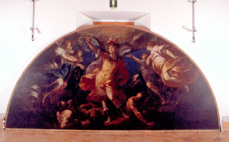 S. Michele arcangelo trionfante su satana, SAN MICHELE ARCANGELO COMBATTE CONTRO SATANA (dipinto) di Nuvolone Carlo Francesco (attr.) (sec. XVII)