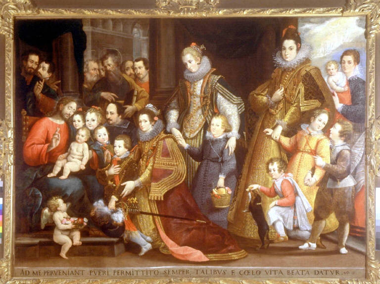 Sinite Parvulos con ritratto di famiglia (dipinto) - ambito neerlandese (inizio sec. XVIII)
