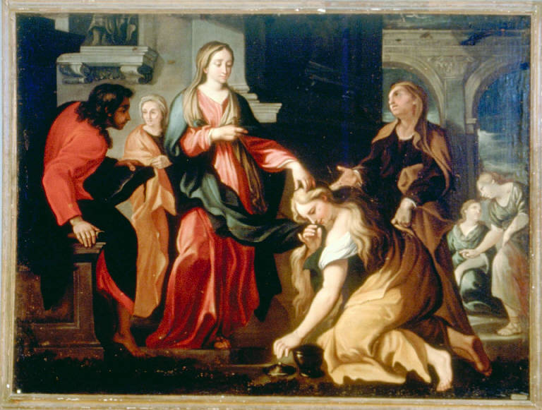 SANTA MARIA MADDALENA UNGE I PIEDI DI CRISTO (dipinto) - ambito lombardo (fine sec. XVII)
