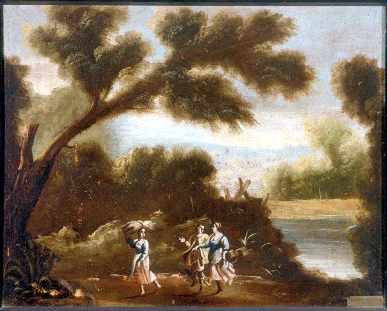 SCENA CAMPESTRE CON FIGURE (dipinto) - ambito lombardo (inizio sec. XVIII)