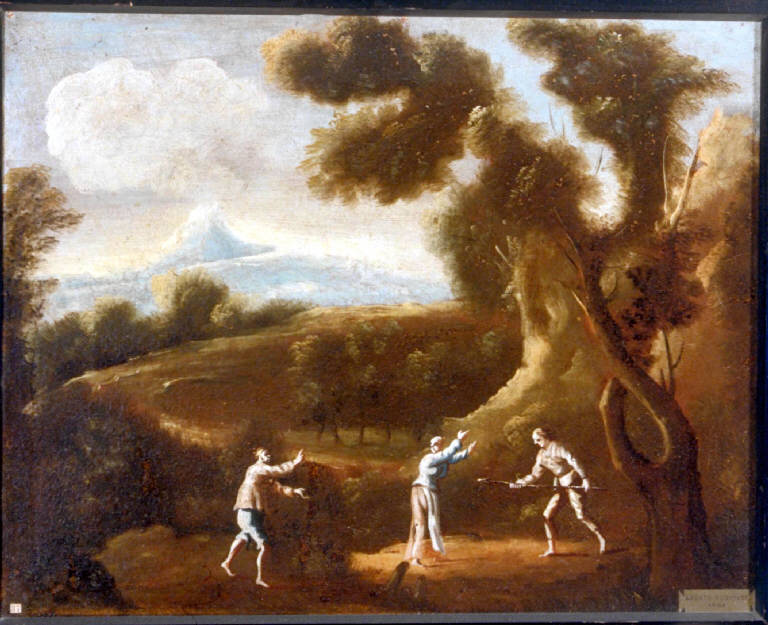 SCENA CAMPESTRE CON FIGURE (dipinto) - ambito lombardo (inizio sec. XVIII)