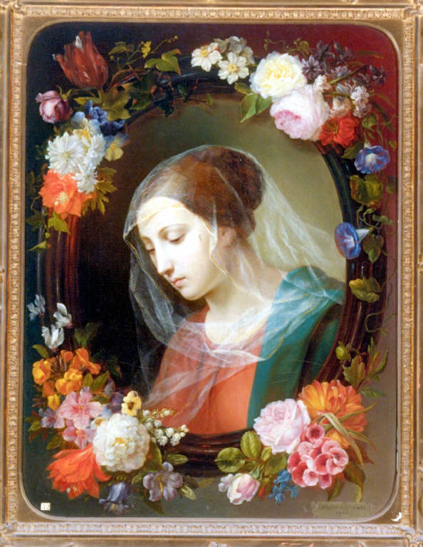 MADONNA ENTRO GHIRLANDA DI FIORI (dipinto) di Meda Giovanni (seconda metà sec. XIX)