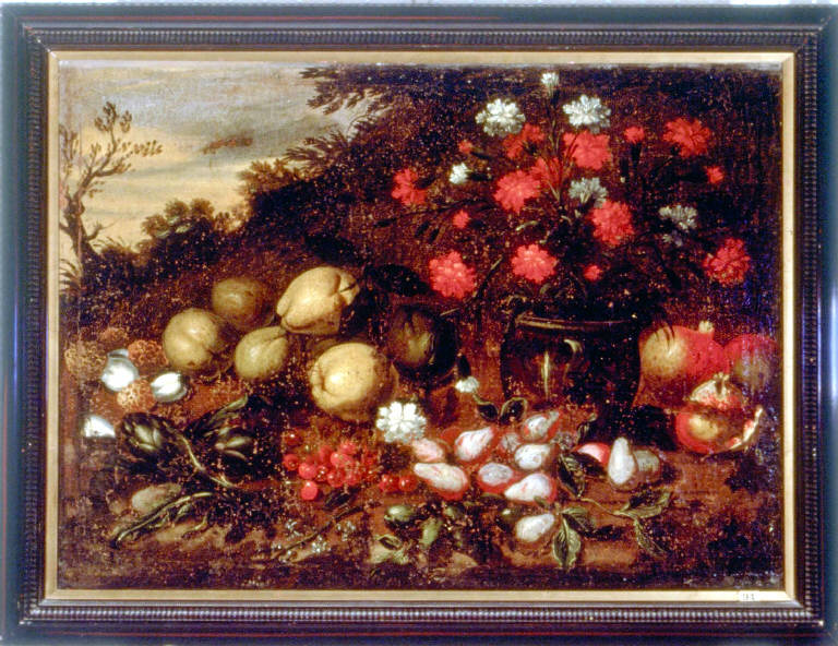 NATURA MORTA ALL'APERTO CON FRUTTA E FIORI (dipinto) - ambito lombardo (fine/inizio secc. XVIII/ XIX)