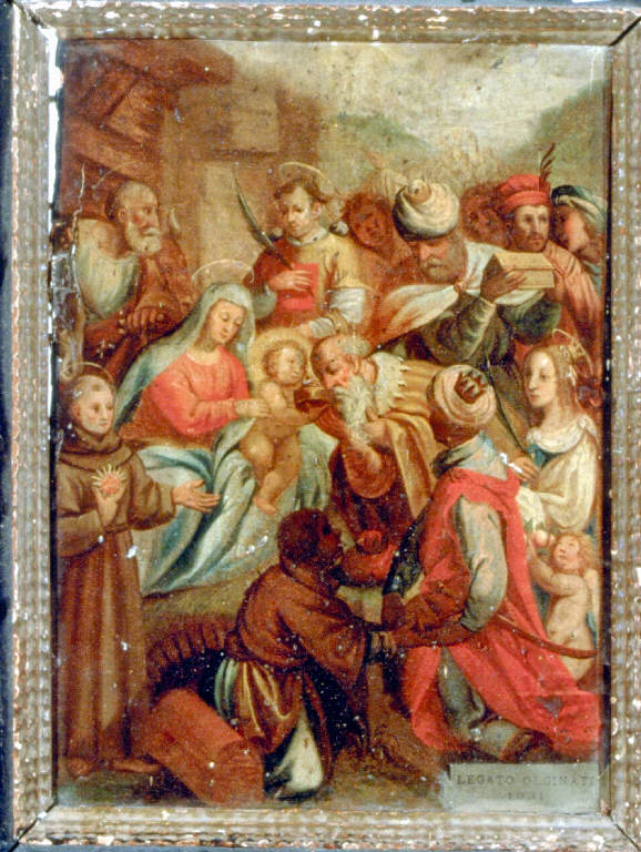 ADORAZIONE DEI MAGI CON SAN BERNARDINO DA SIENA, SANTO STEFANO E SANTA DOROTEA (?) (dipinto) - ambito lombardo (fine/inizio secc. XVI/ XVII)