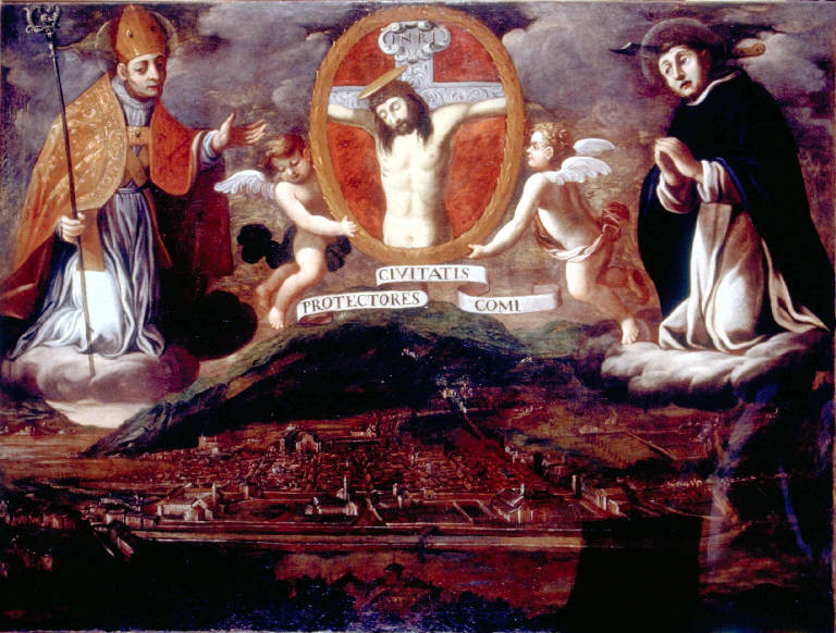 VEDUTA DI COMO CON I SANTI PATRONI (dipinto) - ambito lombardo (fine/inizio secc. XVII/ XVIII)