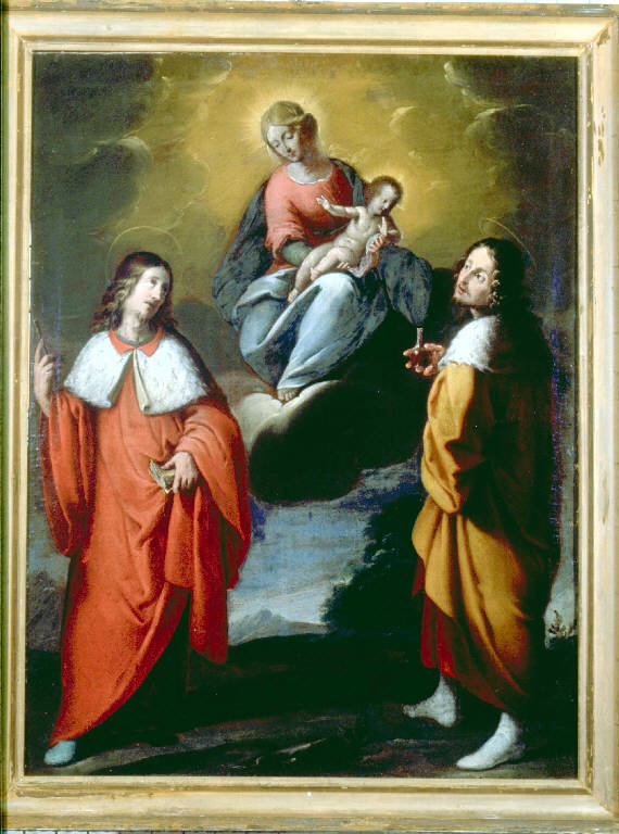 MADONNA CON BAMBINO E I SANTI COSMA E DAMIANO (dipinto) - ambito lombardo (prima metà sec. XVII)