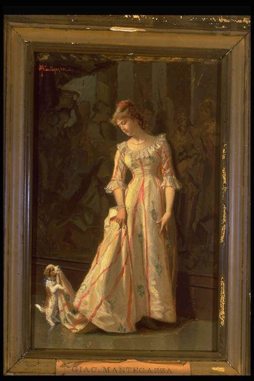 Ritratto di dama con cagnolino (dipinto) di Mantegazza, Giacomo - ambito lombardo (fine sec. XIX)