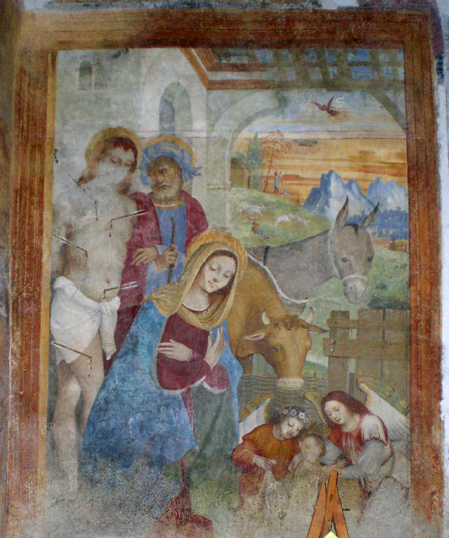 Natività di Gesù con San Sebastiano, Natività di Gesù con San Sebastiano (dipinto murale) di Barberis, Vincenzo de (attribuito) (prima metà sec. XVI)