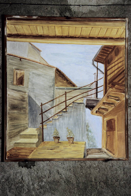 Cortile di Arcumeggia (dipinto murale) di Benedetti, Renzo (seconda metà sec. XX)