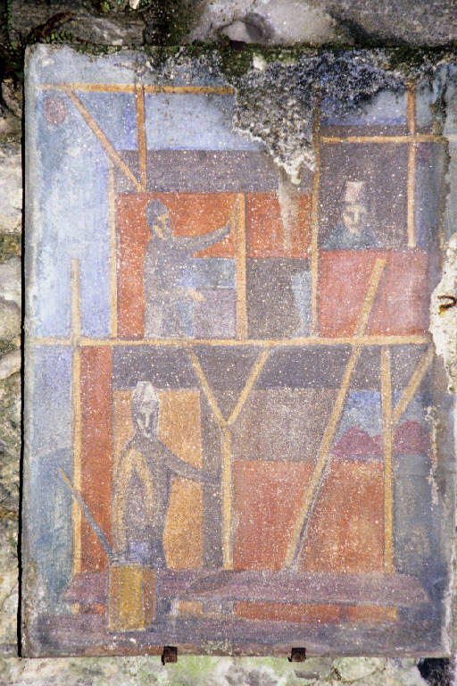 Tre muratori (dipinto murale) di Benevelli, Franco (seconda metà sec. XX)