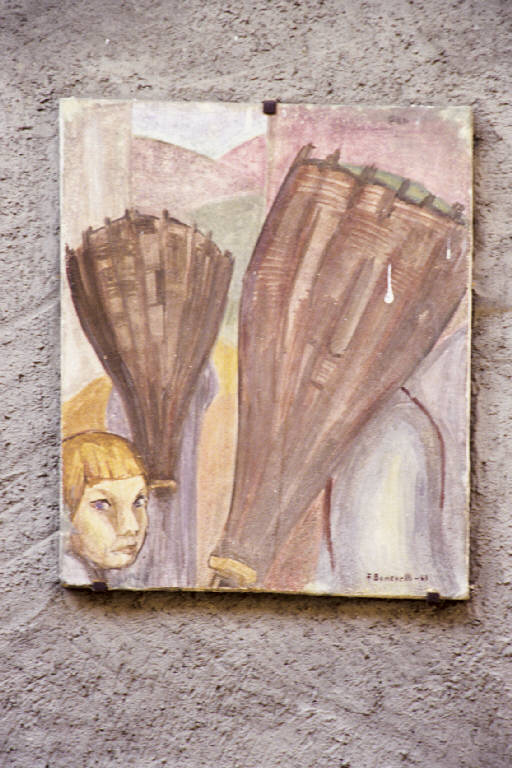 Contadini con gerla (dipinto murale) di Benevelli, Franco (seconda metà sec. XX)