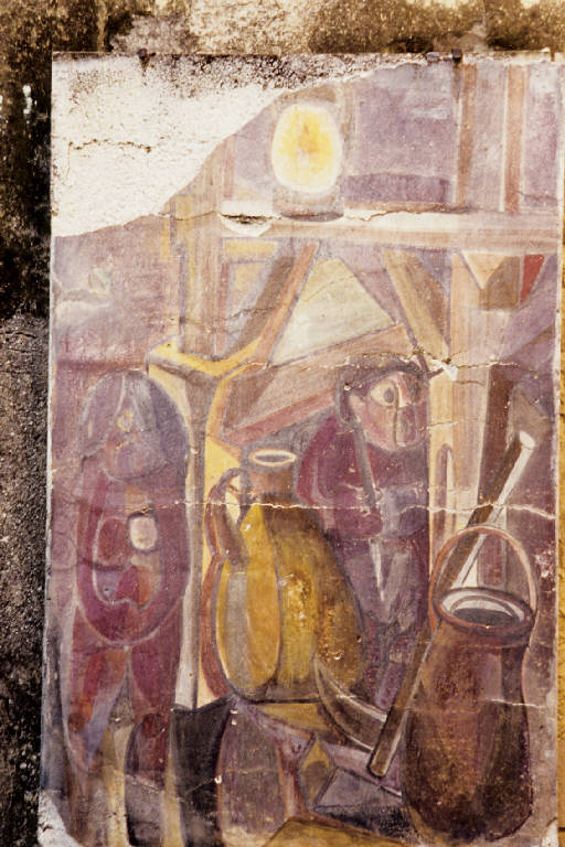 Figurazione allegorica di carpentiere (dipinto murale) di Cigna, Giorgio (seconda metà sec. XX)