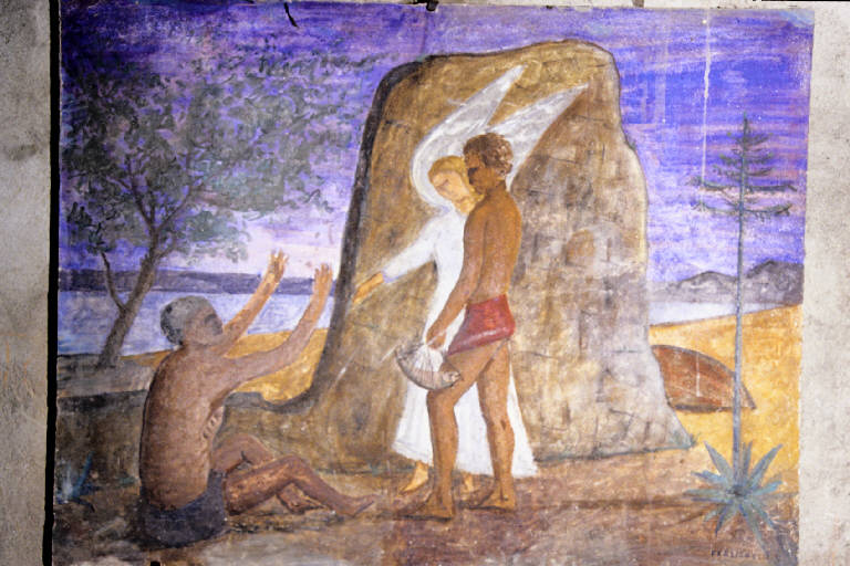 Tobiolo e l'angelo (dipinto murale) di Colacicchi, Francesco (seconda metà sec. XX)