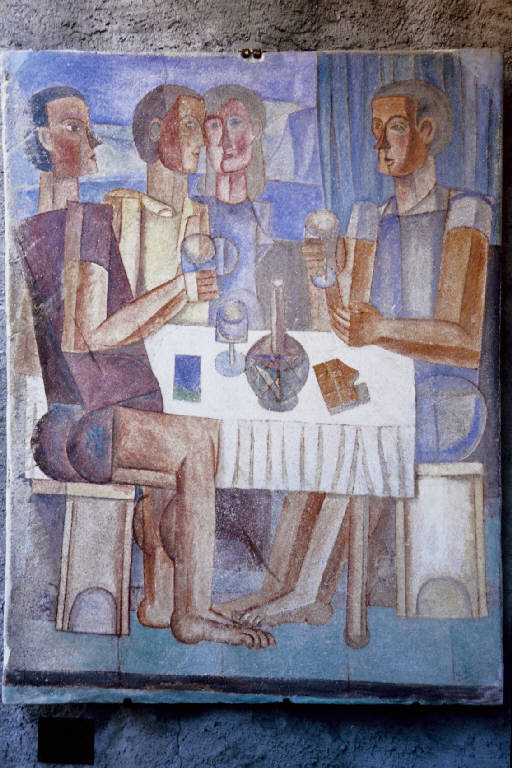 Figure cubiste a tavola (dipinto murale) di De Luca, Giuseppe (seconda metà sec. XX)