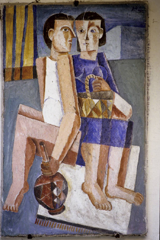 Due figure con fiasco e cesta (dipinto murale) di De Luca, Giuseppe (seconda metà sec. XX)