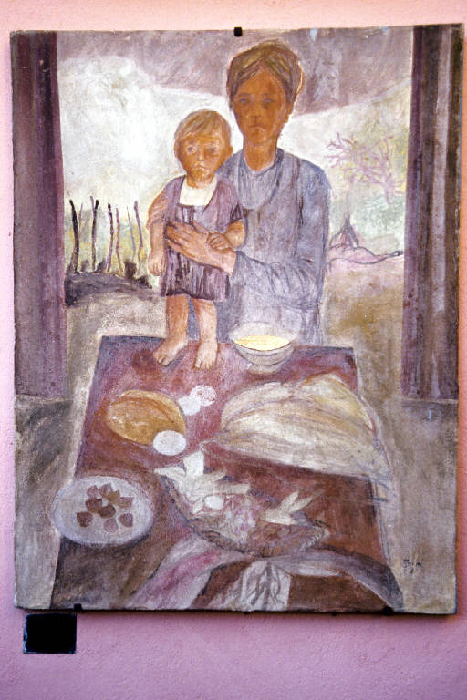 Madre con bambino al povero desco di Arcumeggia (dipinto murale) di Faini, Umberto (seconda metà sec. XX)