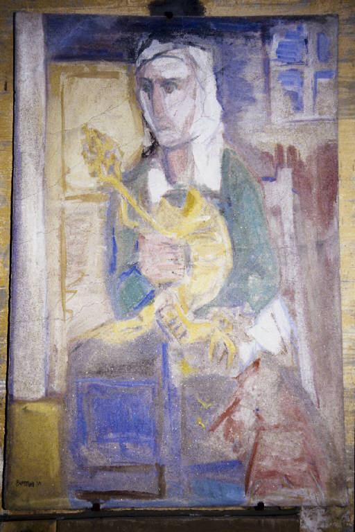 Donna che spenna una gallina (dipinto murale) di Frattini, Vittore (seconda metà sec. XX)