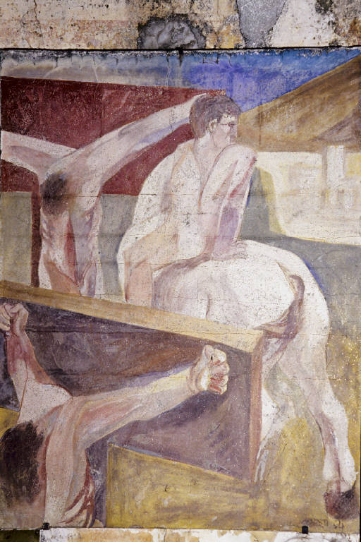 Due crocifissi con uomo a cavallo (dipinto murale) di Goberti (seconda metà sec. XX)