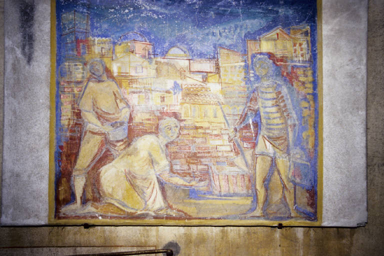 Muratori al lavoro (dipinto murale) di Monaco, Luca (seconda metà sec. XX)