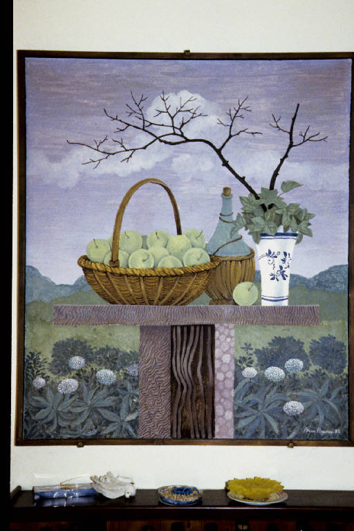 Tavolo con frutta e fiasco (dipinto murale) di Regonesi, Bruno (seconda metà sec. XX)