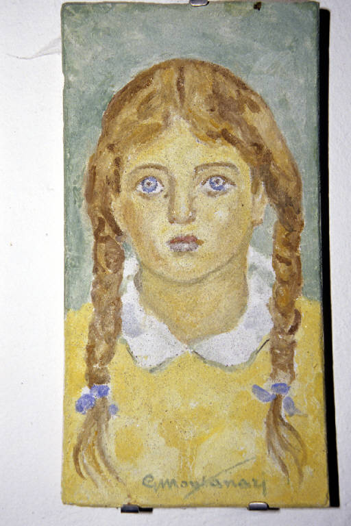 Testa di bambina con trecce (dipinto murale) di Montanari, Giuseppe (seconda metà sec. XX)