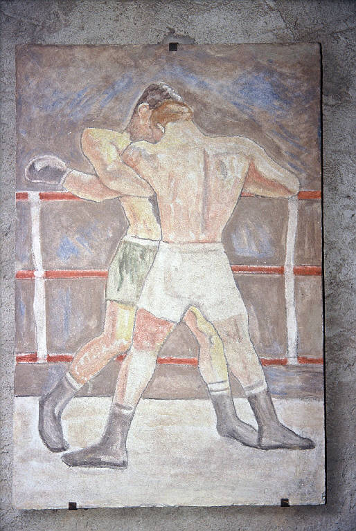 Pugilatori; Due pugilatori, Atleti (dipinto murale) di Montanari Giuseppe (terzo quarto sec. XX)