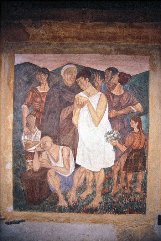 La partenza dell'emigrante, Scena familiare (dipinto murale) di Migneco Giuseppe (terzo quarto sec. XX)