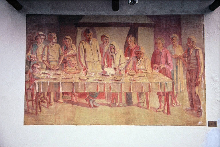 La spartizione della polenta in famiglia, Scena familiare (dipinto murale) di Salvini Innocente (terzo quarto sec. XX)