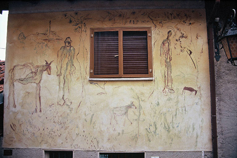 Composizione agreste, Paesaggio con contadini (dipinto murale) di Treccani Ernesto (terzo quarto sec. XX)