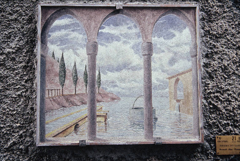 Le acque sognanti - L'enigma del lago, Paesaggio lacustre (dipinto murale) di Trovato Carmelo Nino (ultimo quarto sec. XX)