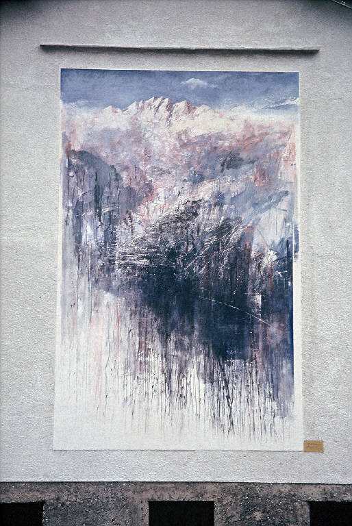 Nelle Alpi, cuore dìEuropa, le radici dell'Unione Europea, Paesaggio montano (dipinto murale) di Pedretti Antonio; Reduzzi Lino (primo quarto sec. XXI)