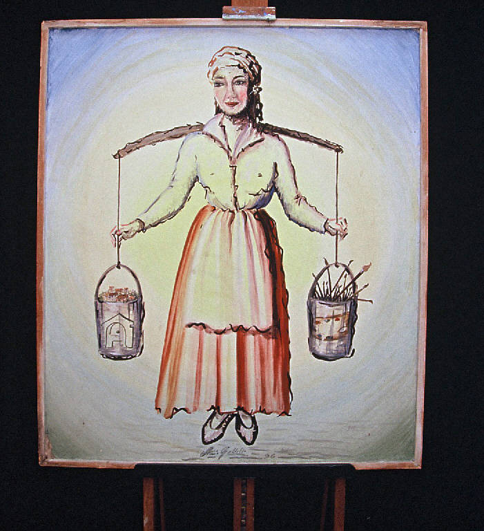 Donna con bilancia, Figura femminile (dipinto murale) di Gallelli, Stefania (ultimo quarto sec. XX)