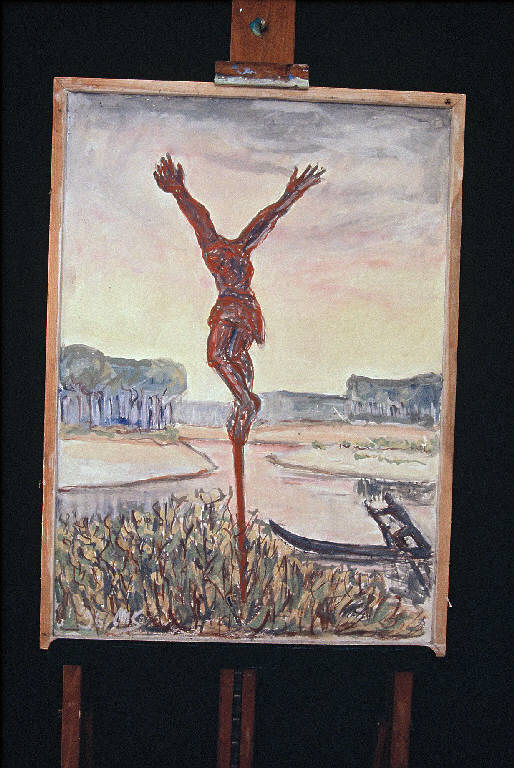Crocefisso, Crocifissione di Cristo (dipinto murale) di Spadari Giuseppe (ultimo quarto sec. XX)