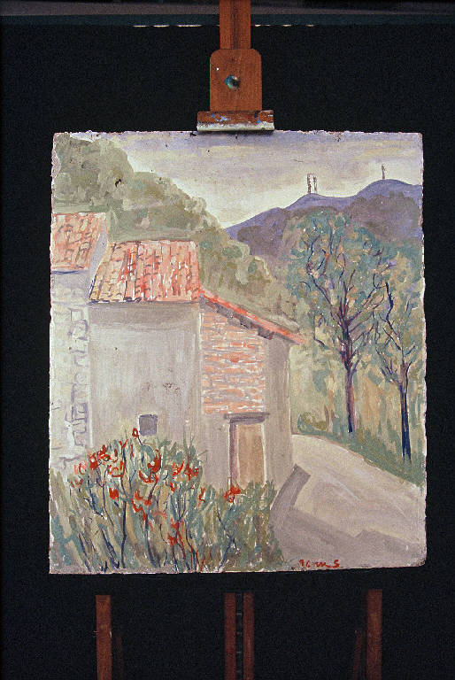 Paesaggio, Paesaggio con baita (dipinto murale) di Spadari Giuseppe (ultimo quarto sec. XX)