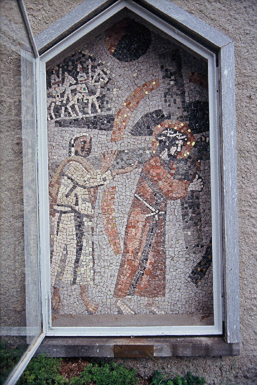 Gesù incontra il Cireneo, Cristo aiutato da Simone il Cireneo a portare la croce (via crucis) di Morelli Enzo (terzo quarto sec. XX)