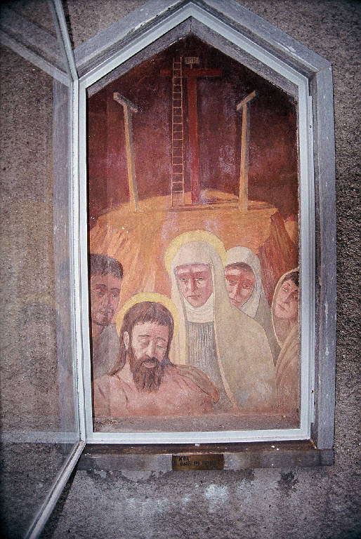 Gesù deposto dalla croce, Cristo deposto con la Madonna, Santa Maria Maddalena e San Giovanni (via crucis) di Usellini Gianfilippo (terzo quarto sec. XX)