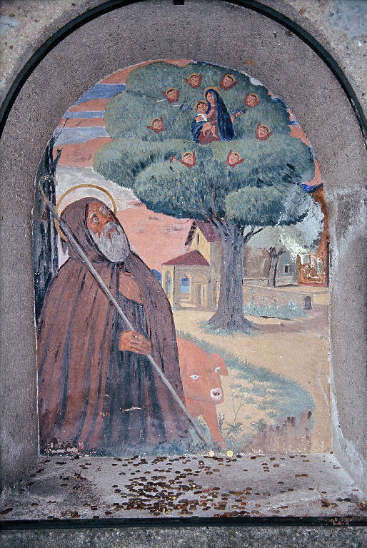Il miracolo di Sant'Antonio, Sant'Antonio Abate e Madonna con bambino (dipinto murale) di Usellini Gianfilippo (terzo quarto sec. XX)