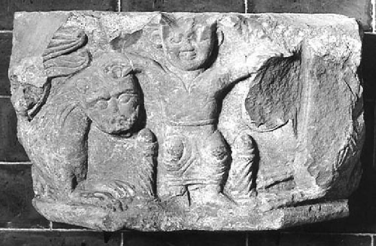 Figura maschile e animali (capitello figurato) - ambito lombardo pavese (sec. XII)